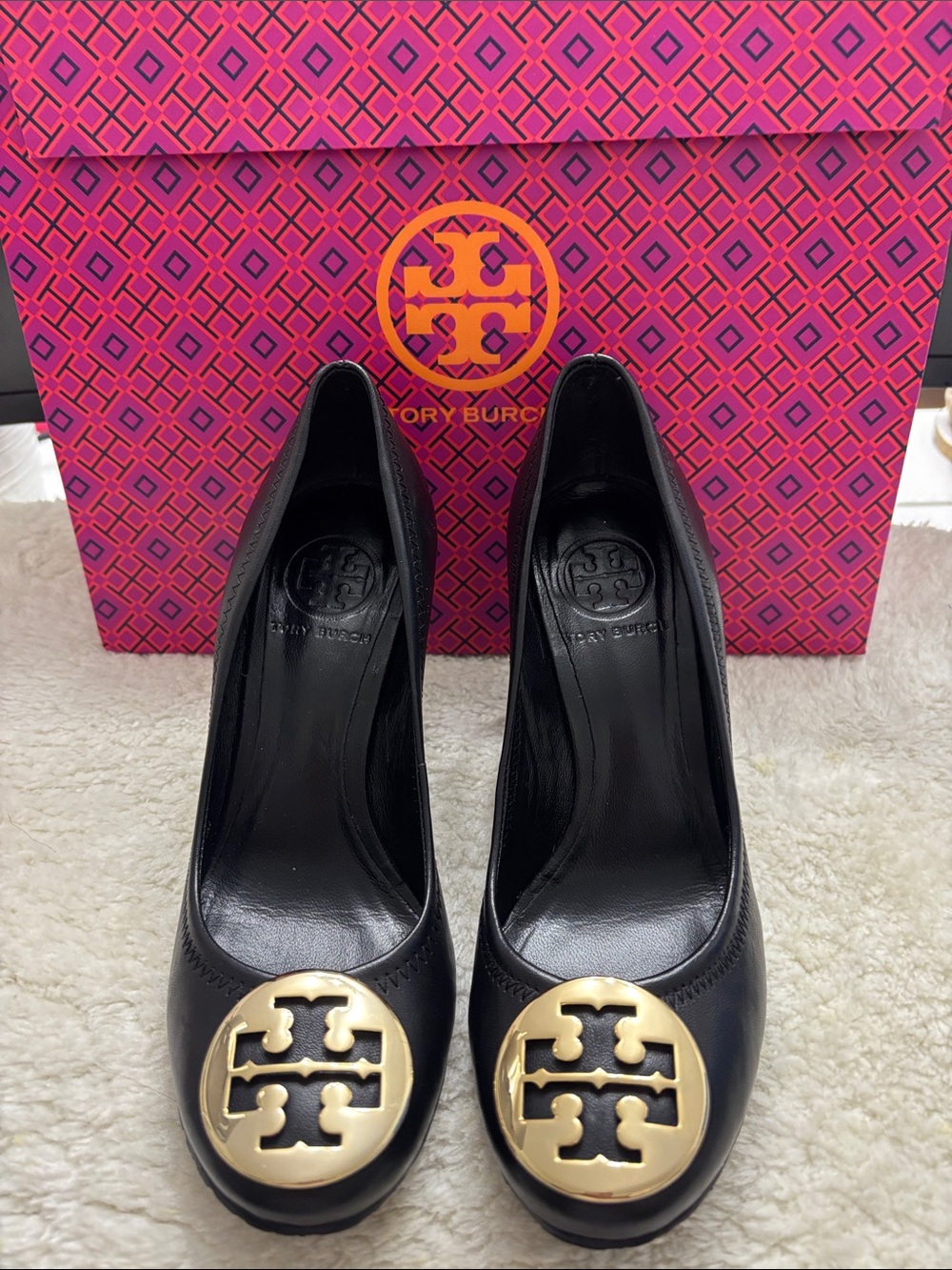 Tory Burch Sophie Wedge Mestico Leather Heels with Gold Logo Medallions Size 5.5